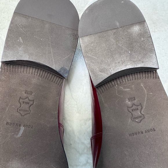 Tory Burch Burgundy Patent Leather Penny Loafers with Gold Logo - Picture 5 of 12